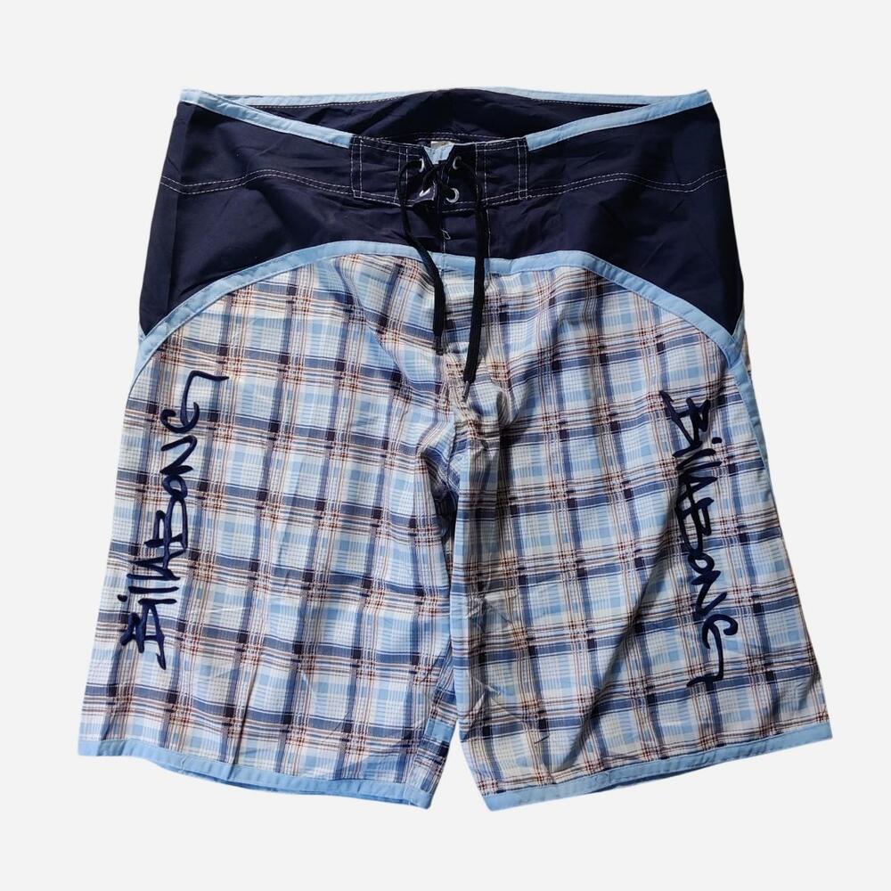 Y2K Billabong blue and beige plaid baggy board shorts with embroidered spellouts